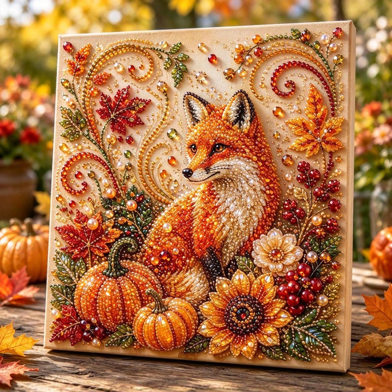 May include: A square diamond painting canvas featuring a central orange fox surrounded by autumn elements including orange pumpkins, red maple leaves, yellow sunflowers, and red berries, all rendered with sparkling, multi-colored resin beads.