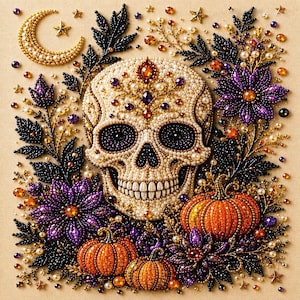 May include: A beaded wall art piece featuring a central cream-colored skull adorned with purple and amber gems, surrounded by black beaded foliage, purple flowers, orange pumpkins, and a crescent moon with small gold stars on a tan background.