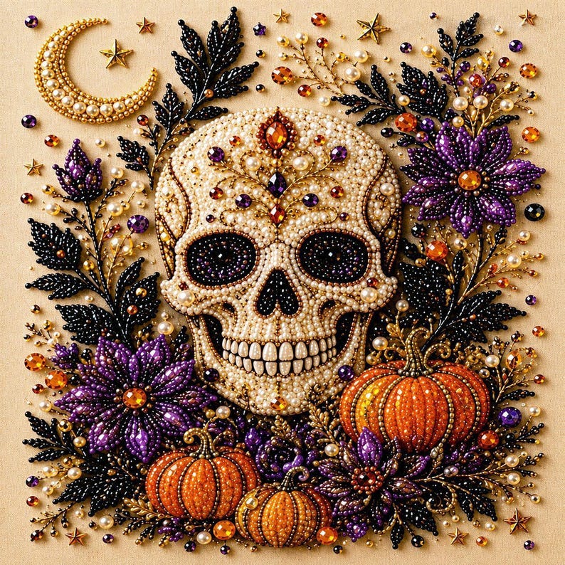 May include: A beaded wall art piece featuring a central cream-colored skull adorned with purple and amber gems, surrounded by black beaded foliage, purple flowers, orange pumpkins, and a crescent moon with small gold stars on a tan background.