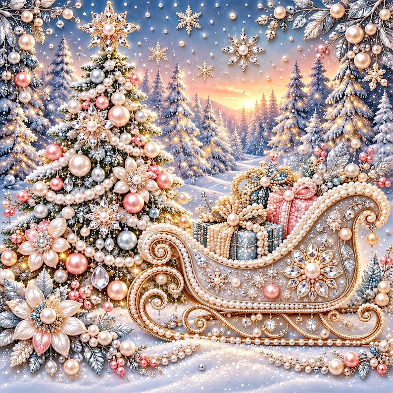 Pärlmålningssats | Julgranskonst med guldbär | Väggdekorationer för högtider, julpyssel, present till hemmet, 20 x 20 cm (7,87 x 7,87 tum) uppspänd duk Christmas Sleigh