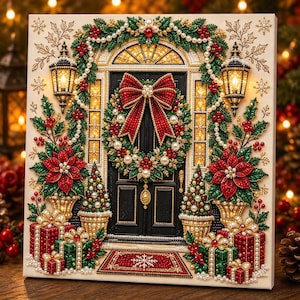 Pärlmålningssats | Julgranskonst med guldbär | Väggdekorationer för högtider, julpyssel, present till hemmet, 20 x 20 cm (7,87 x 7,87 tum) uppspänd duk Christmas Door