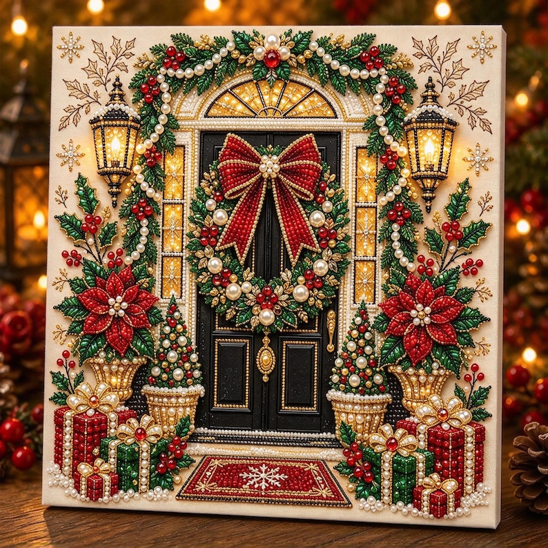 Pärlmålningssats | Julgranskonst med guldbär | Väggdekorationer för högtider, julpyssel, present till hemmet, 20 x 20 cm (7,87 x 7,87 tum) uppspänd duk Christmas Door