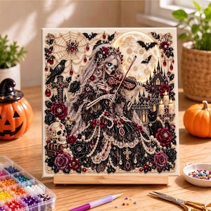 Pärlmålningssats | Julgranskonst med guldbär | Väggdekorationer för högtider, julpyssel, present till hemmet, 20 x 20 cm (7,87 x 7,87 tum) uppspänd duk Gothic Skeleton