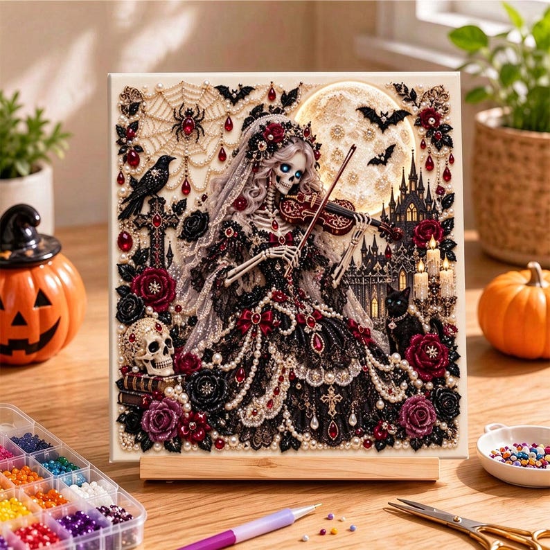 Pärlmålningssats | Julgranskonst med guldbär | Väggdekorationer för högtider, julpyssel, present till hemmet, 20 x 20 cm (7,87 x 7,87 tum) uppspänd duk Gothic Skeleton