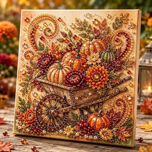 May include: A square diamond painting canvas featuring a wooden wheelbarrow overflowing with orange pumpkins, red and orange chrysanthemums, and autumn leaves. The design is embellished with faceted resin rhinestones in shades of gold, amber, and red, creating a textured, sparkling harvest scene.