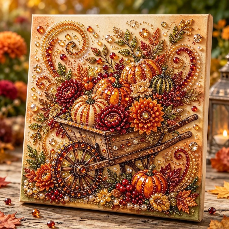 May include: A square diamond painting canvas featuring a wooden wheelbarrow overflowing with orange pumpkins, red and orange chrysanthemums, and autumn leaves. The design is embellished with faceted resin rhinestones in shades of gold, amber, and red, creating a textured, sparkling harvest scene.