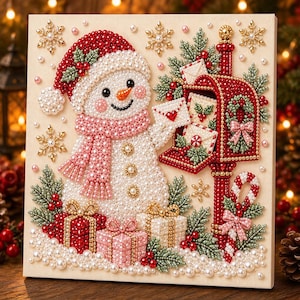 Pärlmålningssats | Julgranskonst med guldbär | Väggdekorationer för högtider, julpyssel, present till hemmet, 20 x 20 cm (7,87 x 7,87 tum) uppspänd duk Snowman & Christmas