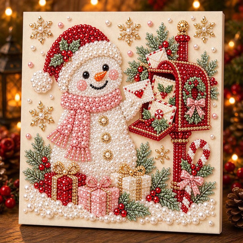 Pärlmålningssats | Julgranskonst med guldbär | Väggdekorationer för högtider, julpyssel, present till hemmet, 20 x 20 cm (7,87 x 7,87 tum) uppspänd duk Snowman & Christmas