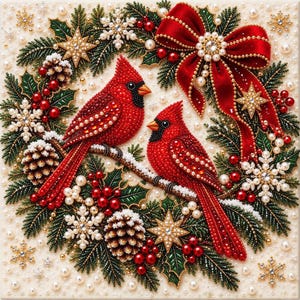 Pärlmålningssats | Julgranskonst med guldbär | Väggdekorationer för högtider, julpyssel, present till hemmet, 20 x 20 cm (7,87 x 7,87 tum) uppspänd duk Christmas Birds