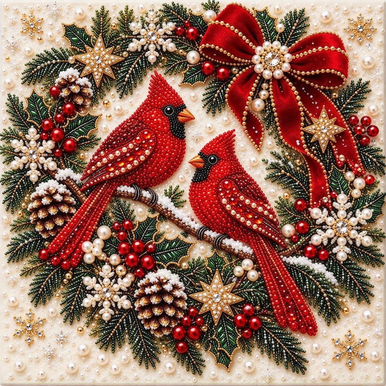 Pärlmålningssats | Julgranskonst med guldbär | Väggdekorationer för högtider, julpyssel, present till hemmet, 20 x 20 cm (7,87 x 7,87 tum) uppspänd duk Christmas Birds
