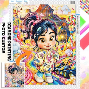 May include: A diamond painting kit featuring a cartoon character with dark hair in a high ponytail, wearing a yellow hoodie with candy prints. The background shows a colorful candy-themed landscape with a race car, lollipops, and a rainbow path.