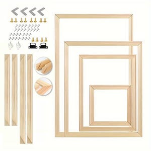 May include: A selection of wooden canvas stretcher bars and frames, with various hardware components such as screws, corner braces, and hanging brackets. The frames are in different sizes, and the wood is a natural, light colour.