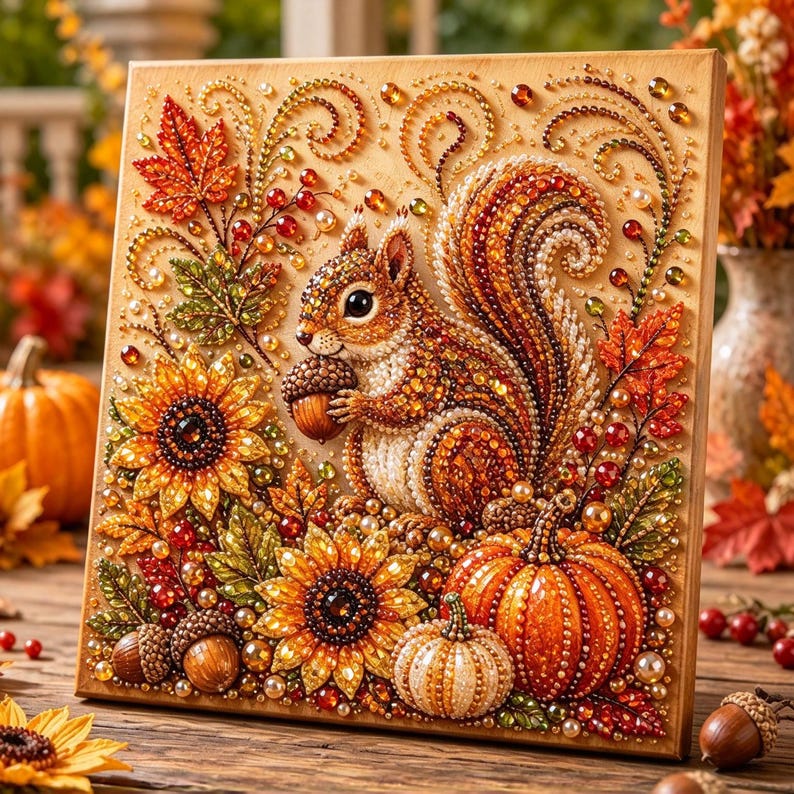 May include: A square wooden plaque featuring a beaded mosaic art piece of a squirrel holding an acorn. The design includes vibrant sunflowers, orange pumpkins, and autumn leaves in shades of red, gold, and brown, all accented with small beads.