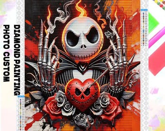 Zestaw do malowania diamentami Jack Skellington | Farba rozpryskowa w stylu gotyckim 5D, pełny zestaw | Spersonalizowane róże ogniste do dekoracji domu