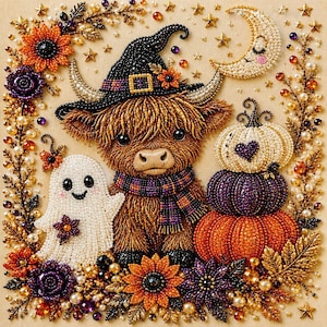 May include: A diamond painting craft featuring a brown Highland cow wearing a black witch hat and a purple and orange plaid scarf. Beside the cow is a white ghost and a stack of three pumpkins in white, purple, and orange, surrounded by floral accents.