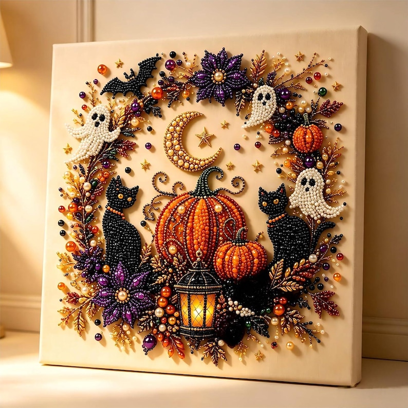 May include: A square canvas art piece featuring a beaded Halloween wreath design. The wreath includes two black cats, white ghosts, orange pumpkins, a glowing lantern, a crescent moon, and purple flowers, all accented with small colorful beads.