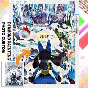 May include: A diamond painting kit featuring a snowy landscape with multiple animated creatures, including a large blue and black figure in the foreground. The canvas includes a color legend, the text Diamond Painting Photo Custom, and item AK699.