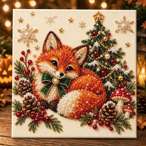 Pärlmålningssats | Julgranskonst med guldbär | Väggdekorationer för högtider, julpyssel, present till hemmet, 20 x 20 cm (7,87 x 7,87 tum) uppspänd duk Christmas Fox