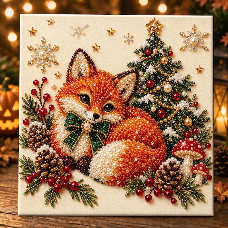 Pärlmålningssats | Julgranskonst med guldbär | Väggdekorationer för högtider, julpyssel, present till hemmet, 20 x 20 cm (7,87 x 7,87 tum) uppspänd duk Christmas Fox