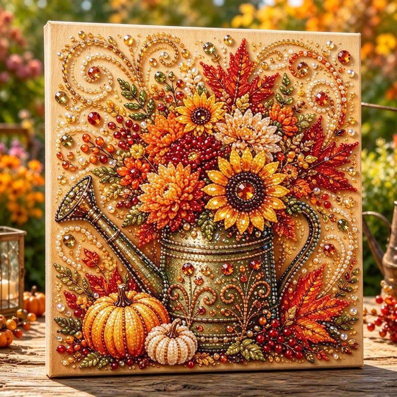 May include: A diamond painting kit featuring a metallic watering can filled with autumn flowers including sunflowers and chrysanthemums, accented by red maple leaves, berries, and two pumpkins at the base, all decorated with sparkling faceted beads.