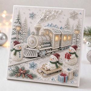 Pärlmålningssats | Julgranskonst med guldbär | Väggdekorationer för högtider, julpyssel, present till hemmet, 20 x 20 cm (7,87 x 7,87 tum) uppspänd duk Train & Snowman