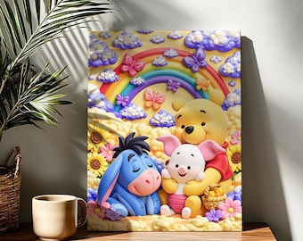 May include: A rectangular wall art print featuring a yellow bear hugging a pink piglet, with a blue donkey sitting beside them. The scene includes a colorful rainbow, purple clouds, butterflies, and sunflowers against a soft yellow background.