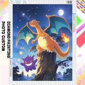 May include: A diamond painting kit featuring a pixelated illustration of an orange dragon with blue wings and a purple ghost-like creature. The scene is set at night with a full moon, stars, and a tree stump. Text includes Diamond Art AK699.