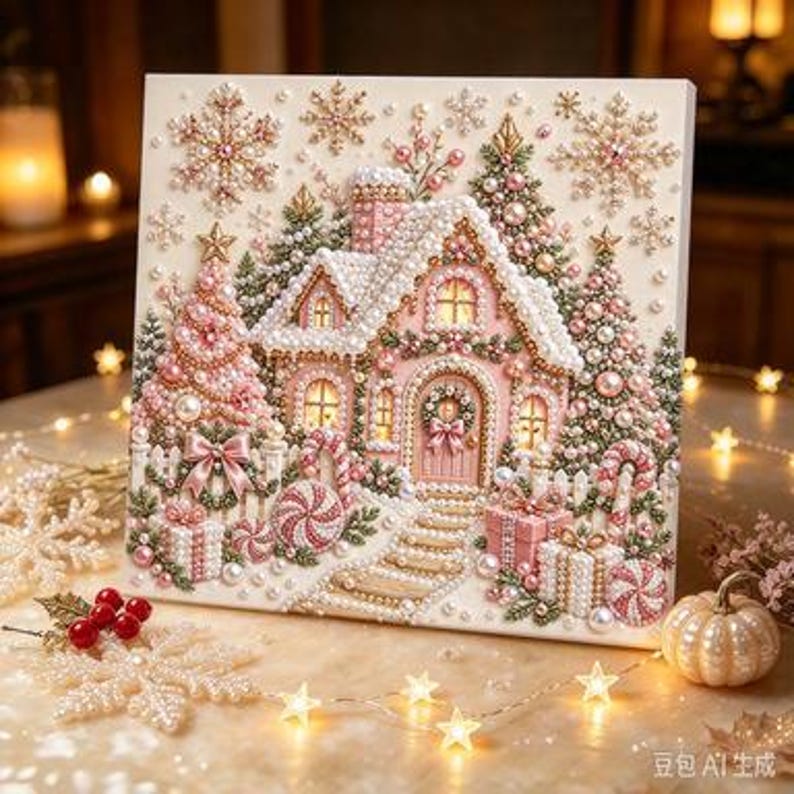 Pärlmålningssats | Julgranskonst med guldbär | Väggdekorationer för högtider, julpyssel, present till hemmet, 20 x 20 cm (7,87 x 7,87 tum) uppspänd duk Pink Christmas House