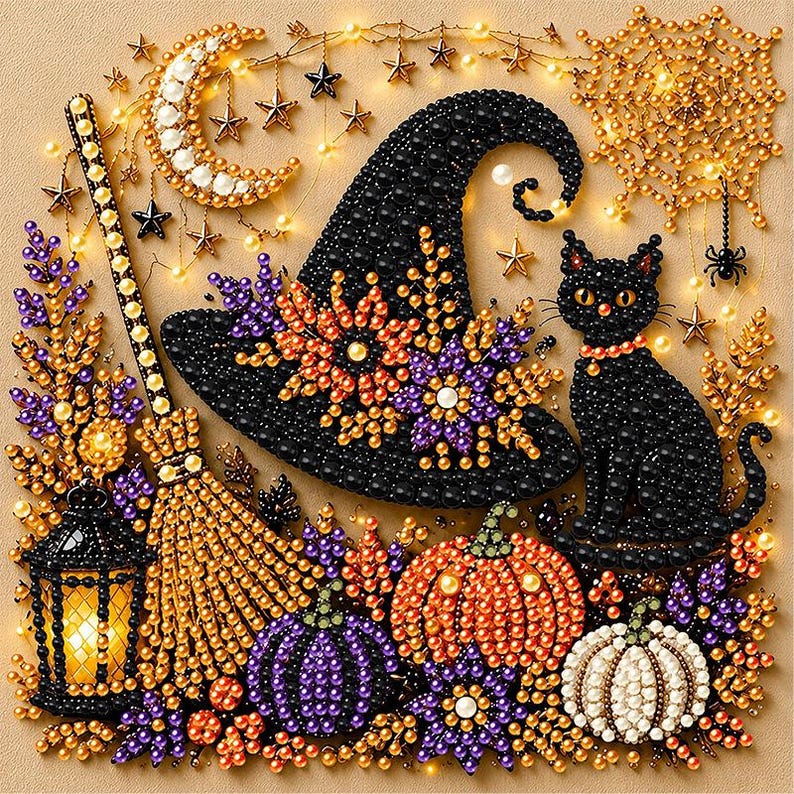 May include: A diamond painting craft kit featuring a black witch hat, a black cat, three pumpkins, a broomstick, and a lantern. The design is decorated with a crescent moon, stars, and a spider web, all rendered in colorful beads on a beige background.