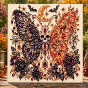 Pärlmålningssats | Julgranskonst med guldbär | Väggdekorationer för högtider, julpyssel, present till hemmet, 20 x 20 cm (7,87 x 7,87 tum) uppspänd duk Skull Butterfly