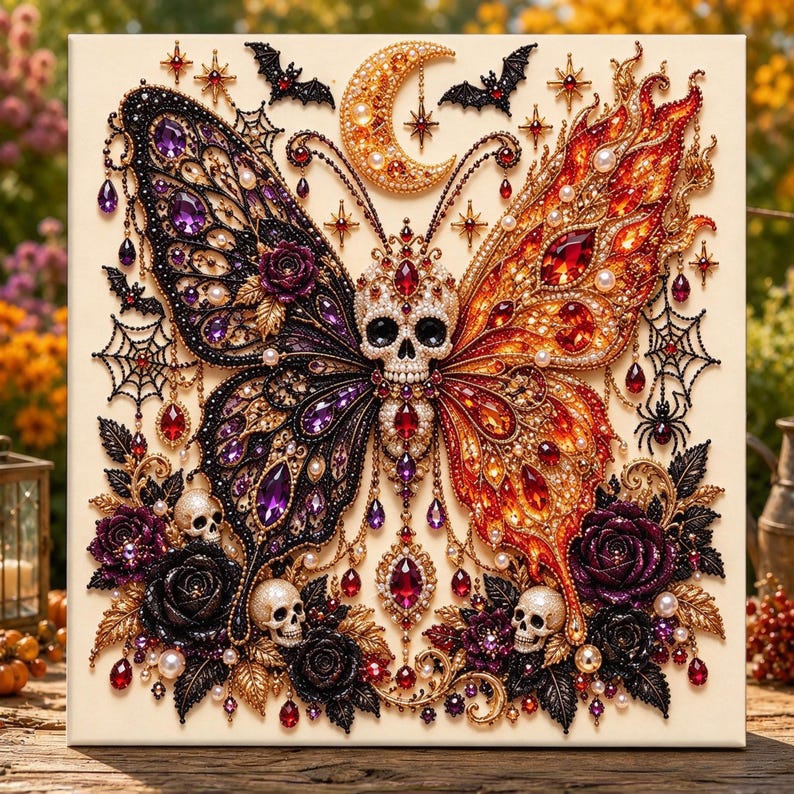 Pärlmålningssats | Julgranskonst med guldbär | Väggdekorationer för högtider, julpyssel, present till hemmet, 20 x 20 cm (7,87 x 7,87 tum) uppspänd duk Skull Butterfly
