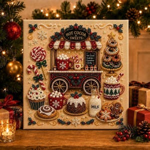 May include: A square diamond painting canvas featuring a festive holiday market stall labeled Hot Cocoa & Sweets. The design includes a red and white striped cart, mugs of cocoa, a cupcake, a pudding, a milk bottle, and a gingerbread man.