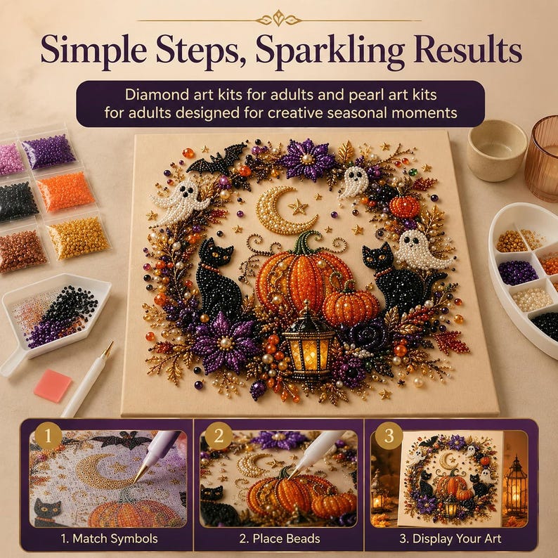 May include: A diamond art kit featuring a Halloween-themed design with pumpkins, black cats, ghosts, and a crescent moon. The set includes colorful beads, a tray, a stylus, and wax. Text reads: Simple Steps, Sparkling Results, 1. Match Symbols, 2. Place Beads, 3. Display Your Art.