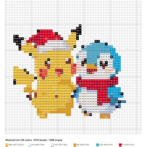 Może przedstawiać: Wzór do haftu krzyżykowego przedstawiający żółtego Pikachu i niebieskiego Piplupa, obaj w czerwonych czapkach. Projekt znajduje się na białej siatce z kodami alfanumerycznymi w każdym kwadracie oraz listą materiałów z 30 kolorami.