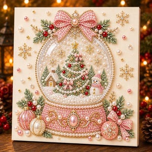Pärlmålningssats | Julgranskonst med guldbär | Väggdekorationer för högtider, julpyssel, present till hemmet, 20 x 20 cm (7,87 x 7,87 tum) uppspänd duk Christmas Snow Globe