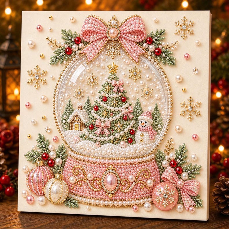 Pärlmålningssats | Julgranskonst med guldbär | Väggdekorationer för högtider, julpyssel, present till hemmet, 20 x 20 cm (7,87 x 7,87 tum) uppspänd duk Christmas Snow Globe