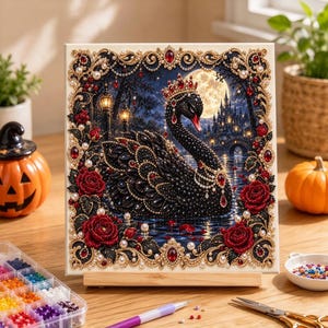 Pärlmålningssats | Julgranskonst med guldbär | Väggdekorationer för högtider, julpyssel, present till hemmet, 20 x 20 cm (7,87 x 7,87 tum) uppspänd duk Black Swan