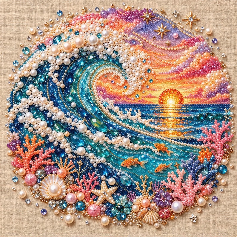 Pärlmålningssats | Julgranskonst med guldbär | Väggdekorationer för högtider, julpyssel, present till hemmet, 20 x 20 cm (7,87 x 7,87 tum) uppspänd duk Ocean Sunset Wave