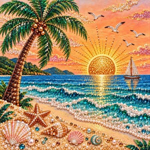Pärlmålningssats | Julgranskonst med guldbär | Väggdekorationer för högtider, julpyssel, present till hemmet, 20 x 20 cm (7,87 x 7,87 tum) uppspänd duk Beach Sunset