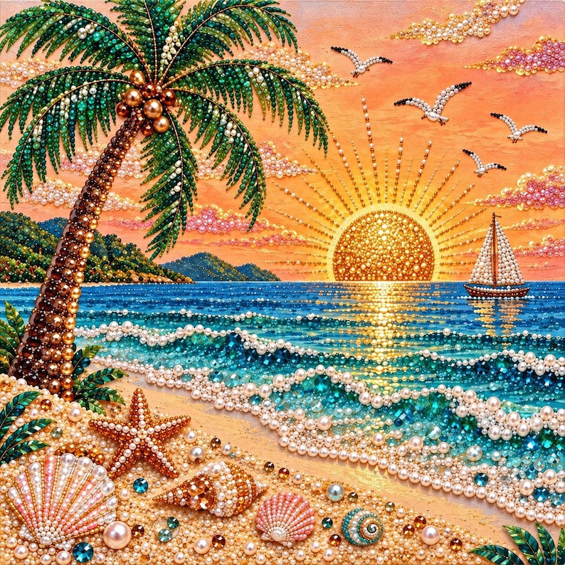 Pärlmålningssats | Julgranskonst med guldbär | Väggdekorationer för högtider, julpyssel, present till hemmet, 20 x 20 cm (7,87 x 7,87 tum) uppspänd duk Beach Sunset