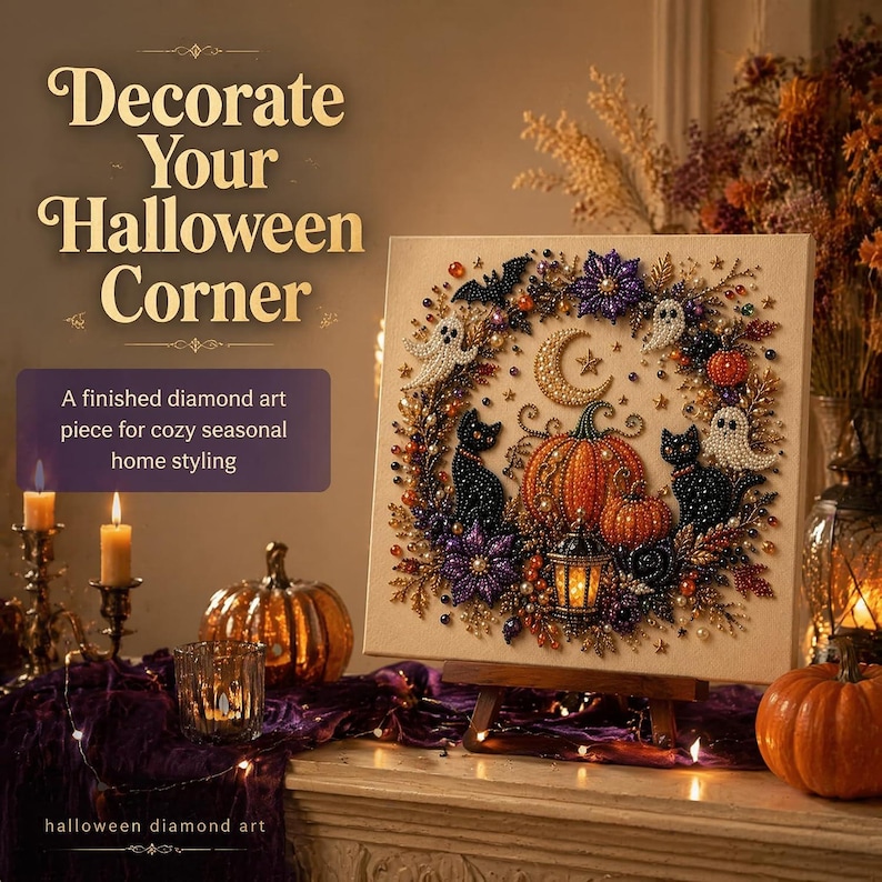 May include: A square diamond art canvas featuring a Halloween wreath design with a central orange pumpkin, two black cats, a crescent moon, ghosts, bats, and purple flowers. The artwork is displayed on a small wooden easel on a table.