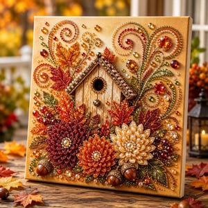 May include: A square canvas art piece featuring a central wooden birdhouse surrounded by beaded autumn foliage, including red and orange maple leaves, chrysanthemums, and acorns. The design is embellished with sparkling crystals and swirls.