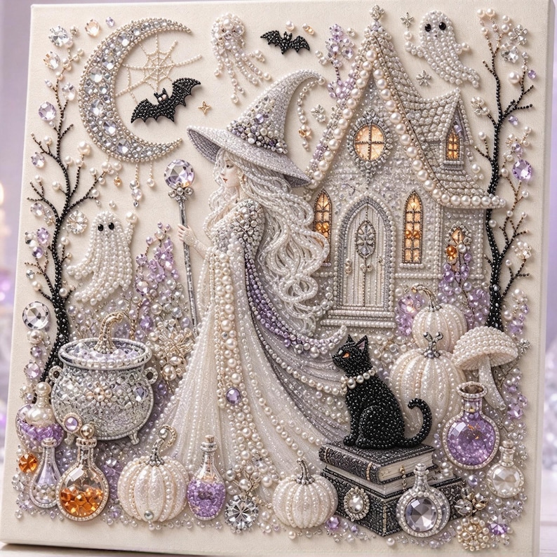 Pärlmålningssats | Julgranskonst med guldbär | Väggdekorationer för högtider, julpyssel, present till hemmet, 20 x 20 cm (7,87 x 7,87 tum) uppspänd duk White Witch