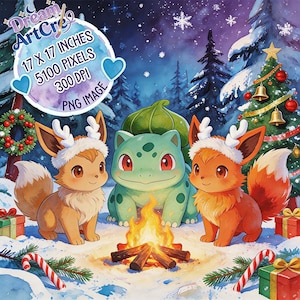 May include: A digital illustration featuring two Eevee-like creatures wearing white reindeer antlers and a central Bulbasaur character sitting around a campfire in a snowy forest. The image includes a decorated Christmas tree, gifts, and text reading Dream ArtCre 17 X 17 INCHES 5100 PIXELS 300 DPI PNG IMAGE.