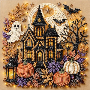 May include: A diamond painting craft featuring a black haunted house silhouette against a large white moon. The scene includes a white ghost, orange pumpkins, purple flowers, a black lantern, bats, and stars, all rendered with colorful beads.