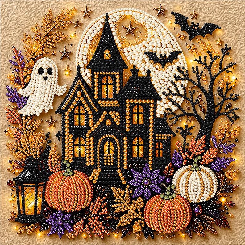 May include: A diamond painting craft featuring a black haunted house silhouette against a large white moon. The scene includes a white ghost, orange pumpkins, purple flowers, a black lantern, bats, and stars, all rendered with colorful beads.