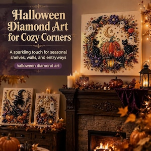 May include: Three square diamond art canvases featuring Halloween themes including pumpkins, black cats, ghosts, bats, and crescent moons. The text on the image reads: Halloween Diamond Art for Cozy Corners. A sparkling touch for seasonal shelves, walls, and entryways.