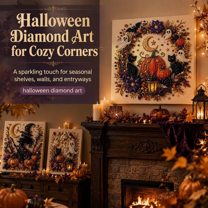 May include: Three square diamond art canvases featuring Halloween themes including pumpkins, black cats, ghosts, bats, and crescent moons. The text on the image reads: Halloween Diamond Art for Cozy Corners. A sparkling touch for seasonal shelves, walls, and entryways.