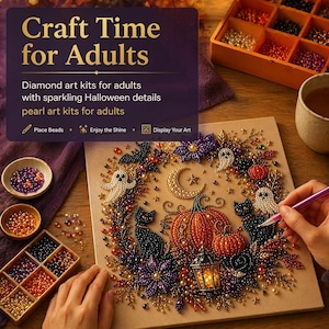 May include: A diamond art kit featuring a Halloween-themed design with a pumpkin, black cats, ghosts, and a crescent moon. The kit includes colorful beads, a sorting tray, and a stylus tool. Text on the packaging reads: Craft Time for Adults.