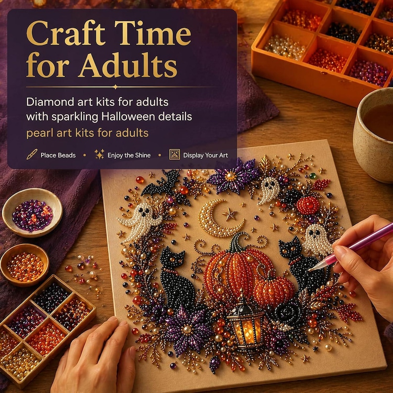 May include: A diamond art kit featuring a Halloween-themed design with a pumpkin, black cats, ghosts, and a crescent moon. The kit includes colorful beads, a sorting tray, and a stylus tool. Text on the packaging reads: Craft Time for Adults.